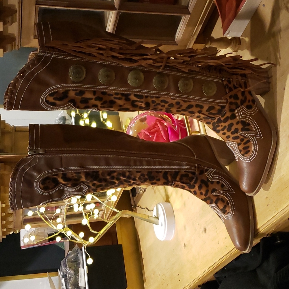 L&B Leopard and fringe cowboy boots